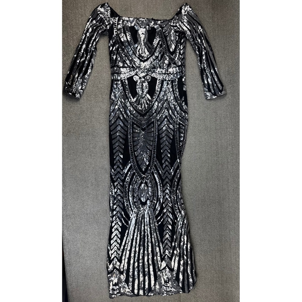 Miss Ord Formal Dress Gown 2XL Black Silver Sequin Art Deco Off Shoulder Maxi